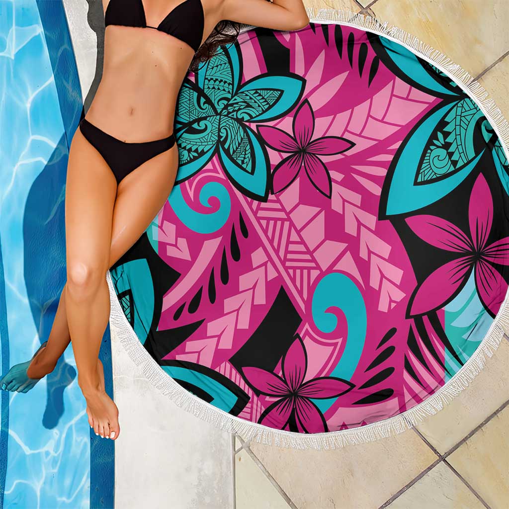 Plumeria Polynesian Pattern Beach Blanket Unique Fantasy Pink Teal