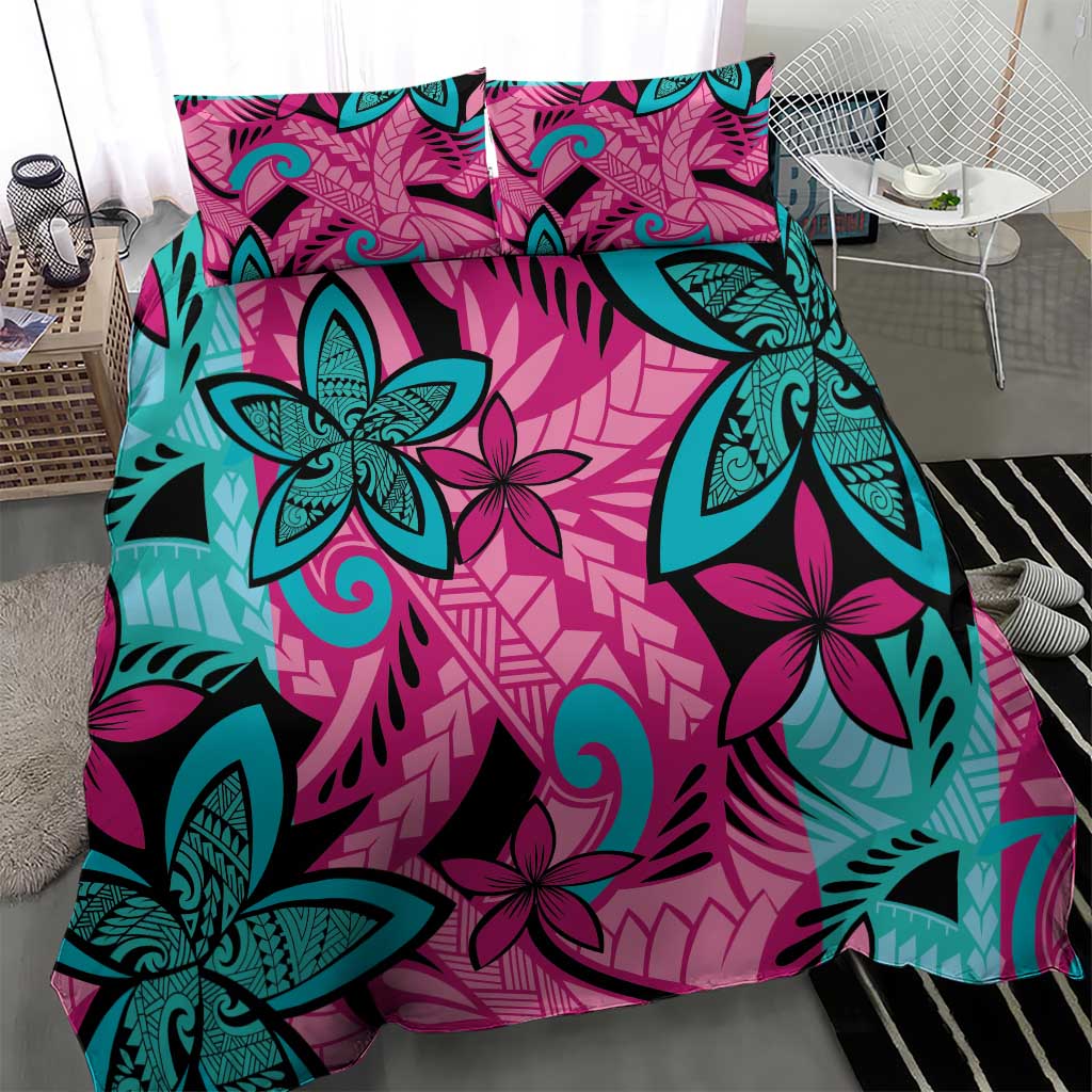 Plumeria Polynesian Pattern Bedding Set Unique Fantasy Pink Teal