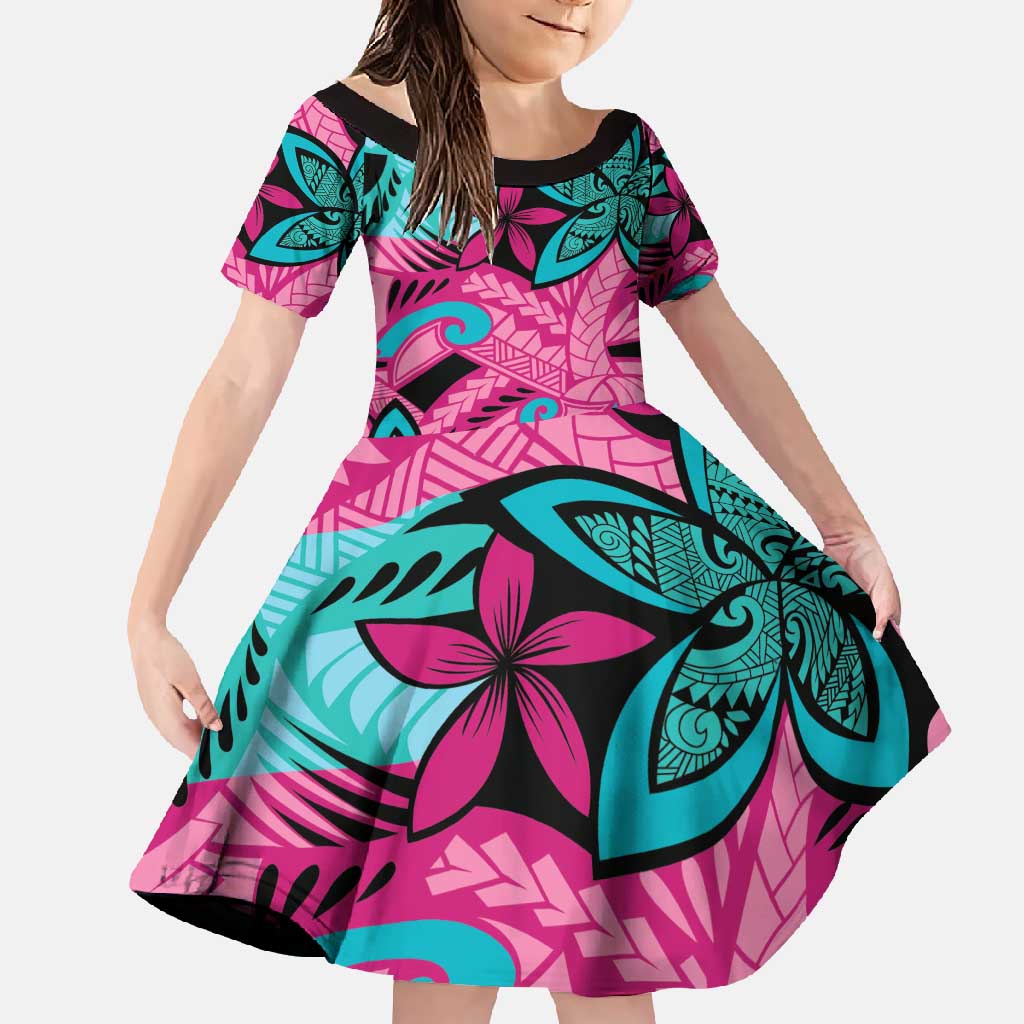 Plumeria Polynesian Pattern Family Matching Long Sleeve Bodycon Dress and Hawaiian Shirt Unique Fantasy Pink Teal LT01 Daughter's Dress Pink - Polynesian Pride