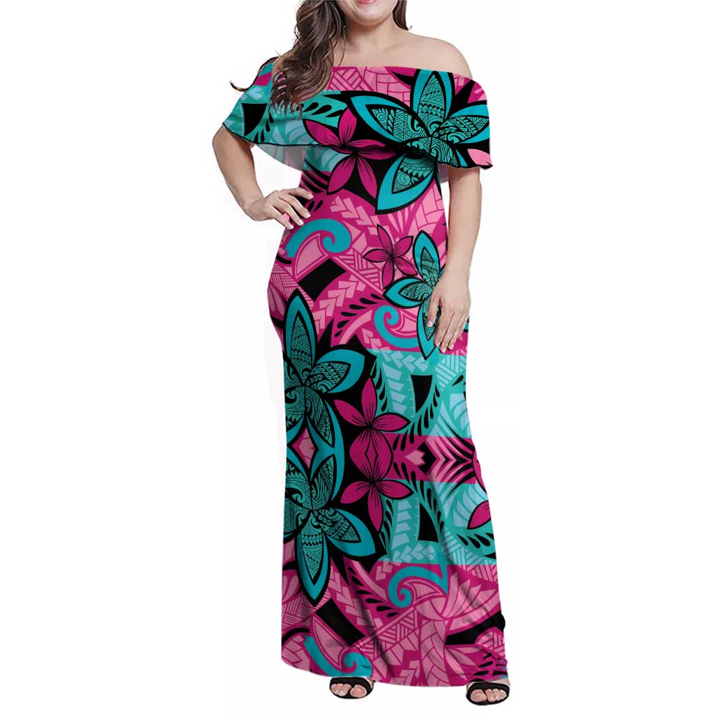 Plumeria Polynesian Pattern Family Matching Off Shoulder Maxi Dress and Hawaiian Shirt Unique Fantasy Pink Teal