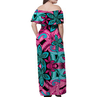 Plumeria Polynesian Pattern Family Matching Off Shoulder Maxi Dress and Hawaiian Shirt Unique Fantasy Pink Teal