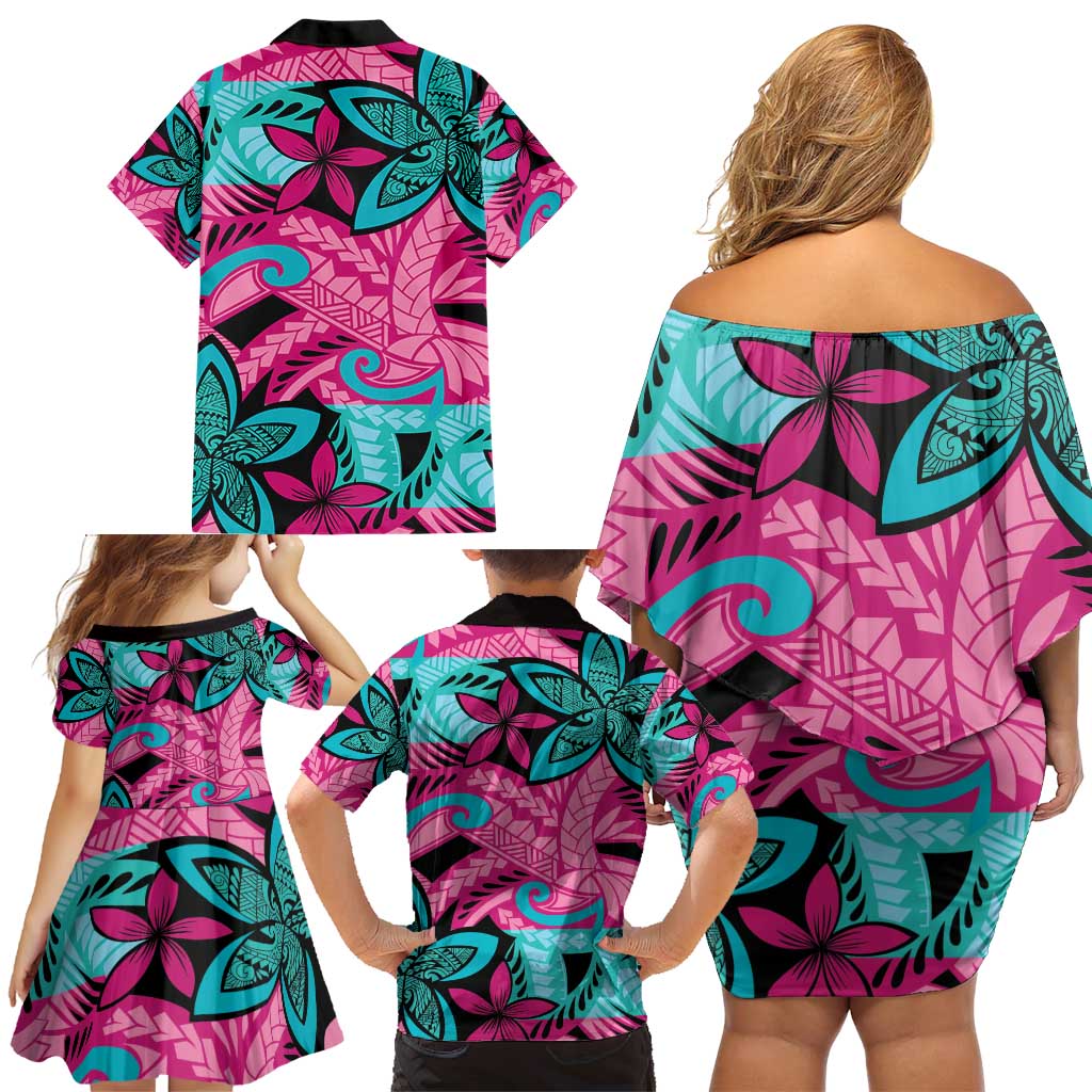 Plumeria Polynesian Pattern Family Matching Off Shoulder Short Dress and Hawaiian Shirt Unique Fantasy Pink Teal