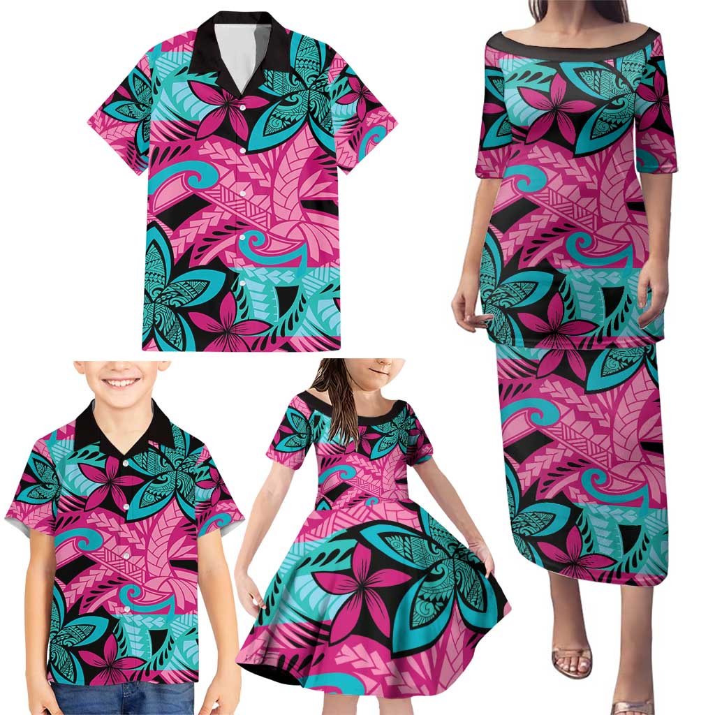 Plumeria Polynesian Pattern Family Matching Puletasi and Hawaiian Shirt Unique Fantasy Pink Teal