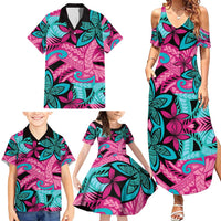 Plumeria Polynesian Pattern Family Matching Summer Maxi Dress and Hawaiian Shirt Unique Fantasy Pink Teal