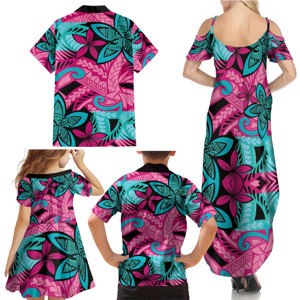 Plumeria Polynesian Pattern Family Matching Summer Maxi Dress and Hawaiian Shirt Unique Fantasy Pink Teal