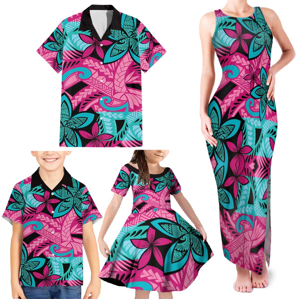 Plumeria Polynesian Pattern Family Matching Tank Maxi Dress and Hawaiian Shirt Unique Fantasy Pink Teal
