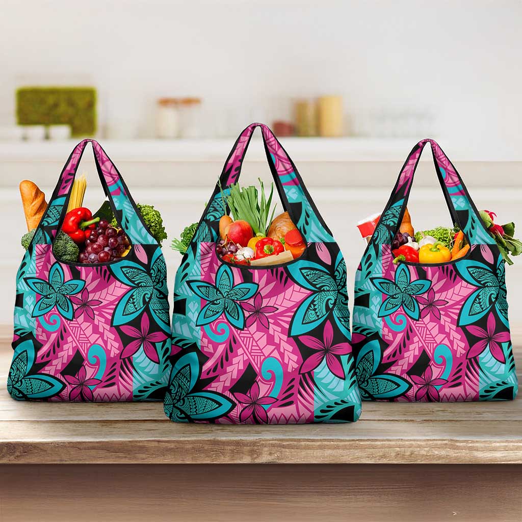 Plumeria Polynesian Pattern Grocery Bag Unique Fantasy Pink Teal