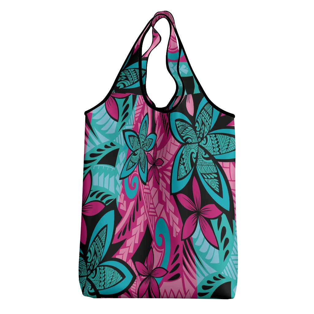 Plumeria Polynesian Pattern Grocery Bag Unique Fantasy Pink Teal