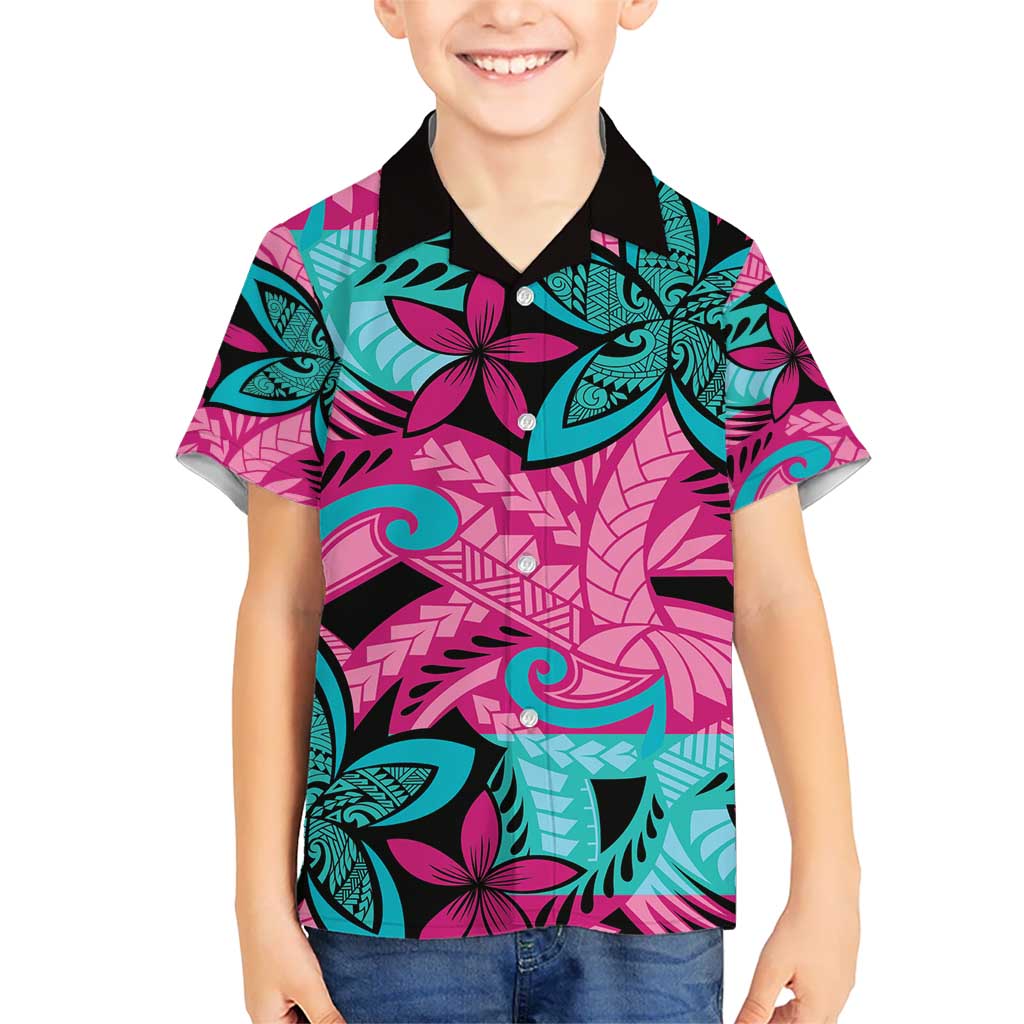 Plumeria Polynesian Pattern Kid Hawaiian Shirt Unique Fantasy Pink Teal LT01 Kid Pink - Polynesian Pride