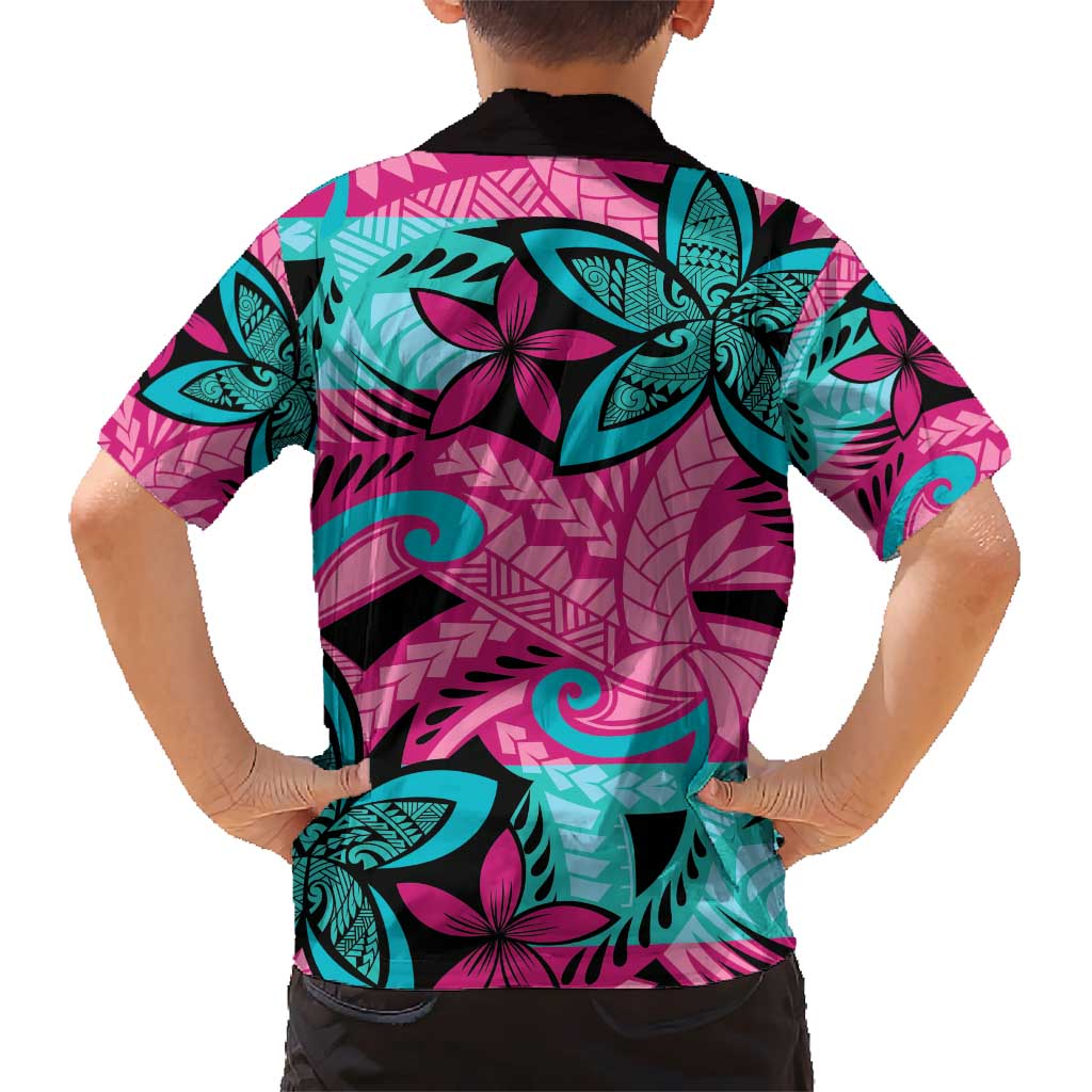 Plumeria Polynesian Pattern Kid Hawaiian Shirt Unique Fantasy Pink Teal