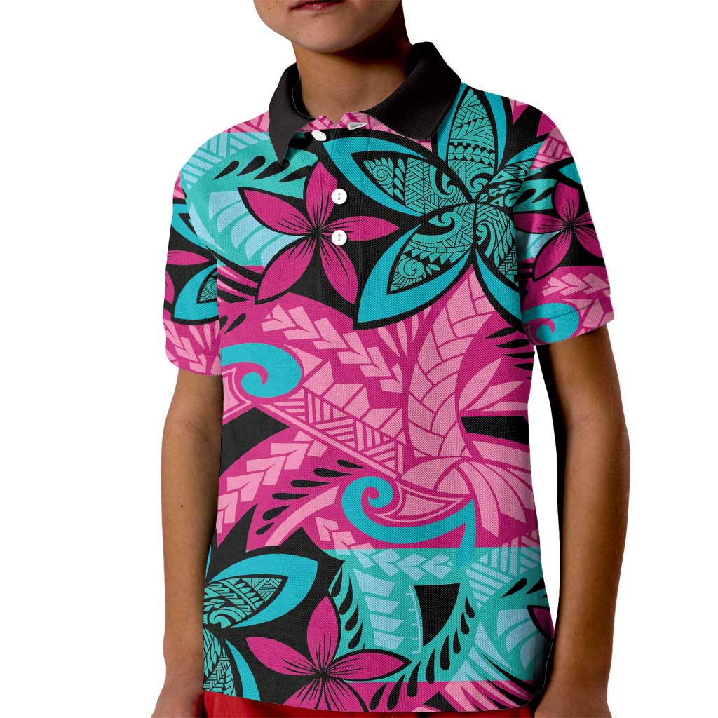 Plumeria Polynesian Pattern Kid Polo Shirt Unique Fantasy Pink Teal LT01 Kid Pink - Polynesian Pride