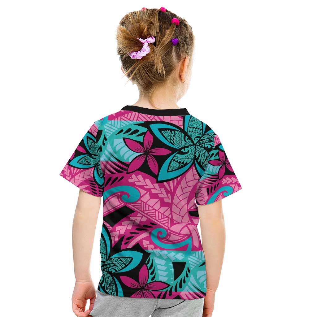 Plumeria Polynesian Pattern Kid T Shirt Unique Fantasy Pink Teal