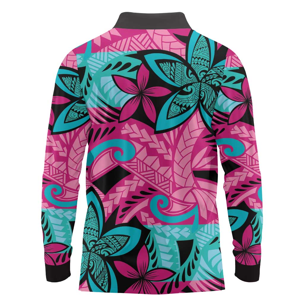 Plumeria Polynesian Pattern Long Sleeve Polo Shirt Unique Fantasy Pink Teal