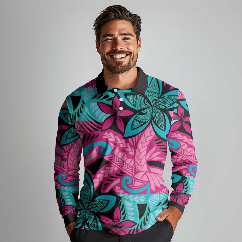 Plumeria Polynesian Pattern Long Sleeve Polo Shirt Unique Fantasy Pink Teal