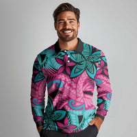 Plumeria Polynesian Pattern Long Sleeve Polo Shirt Unique Fantasy Pink Teal