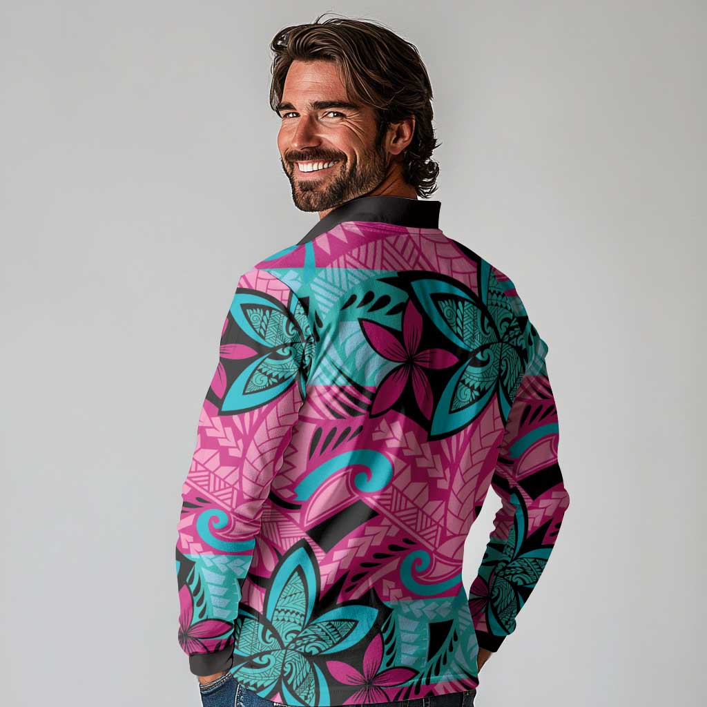 Plumeria Polynesian Pattern Long Sleeve Polo Shirt Unique Fantasy Pink Teal