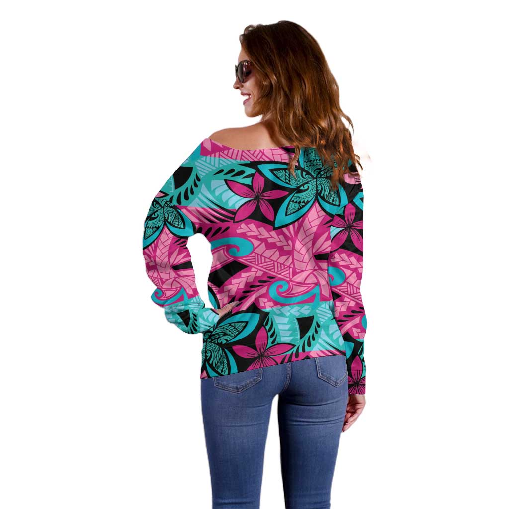 Plumeria Polynesian Pattern Off Shoulder Sweater Unique Fantasy Pink Teal