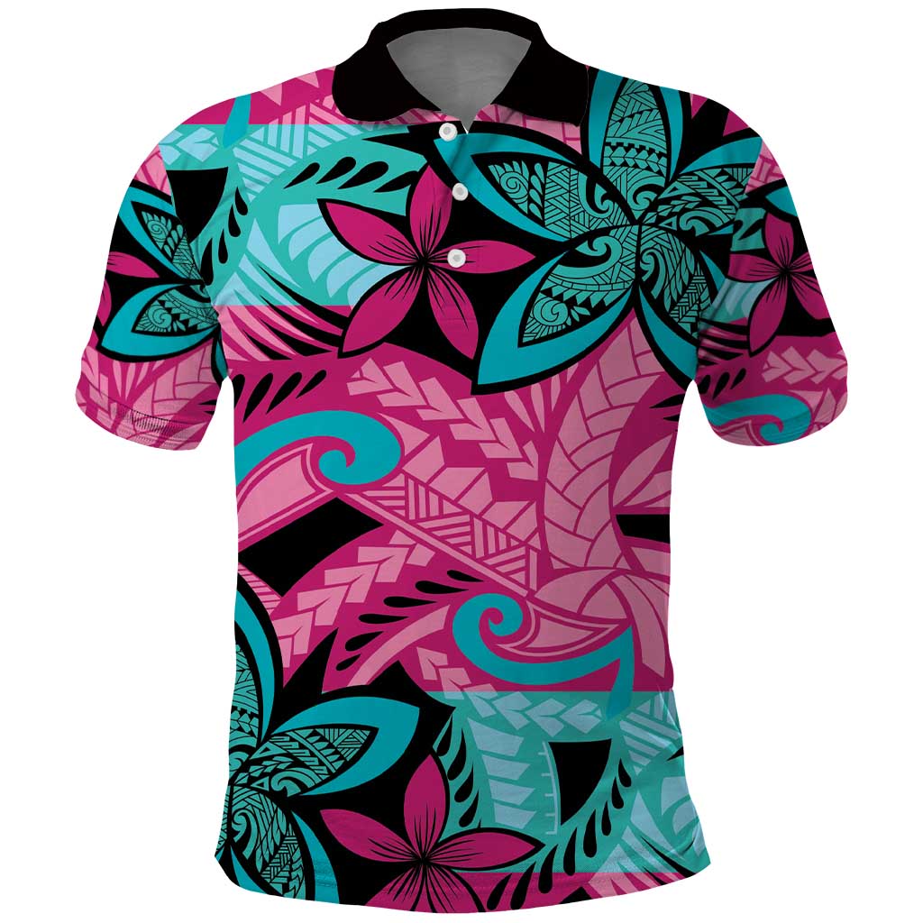 Plumeria Polynesian Pattern Polo Shirt Unique Fantasy Pink Teal
