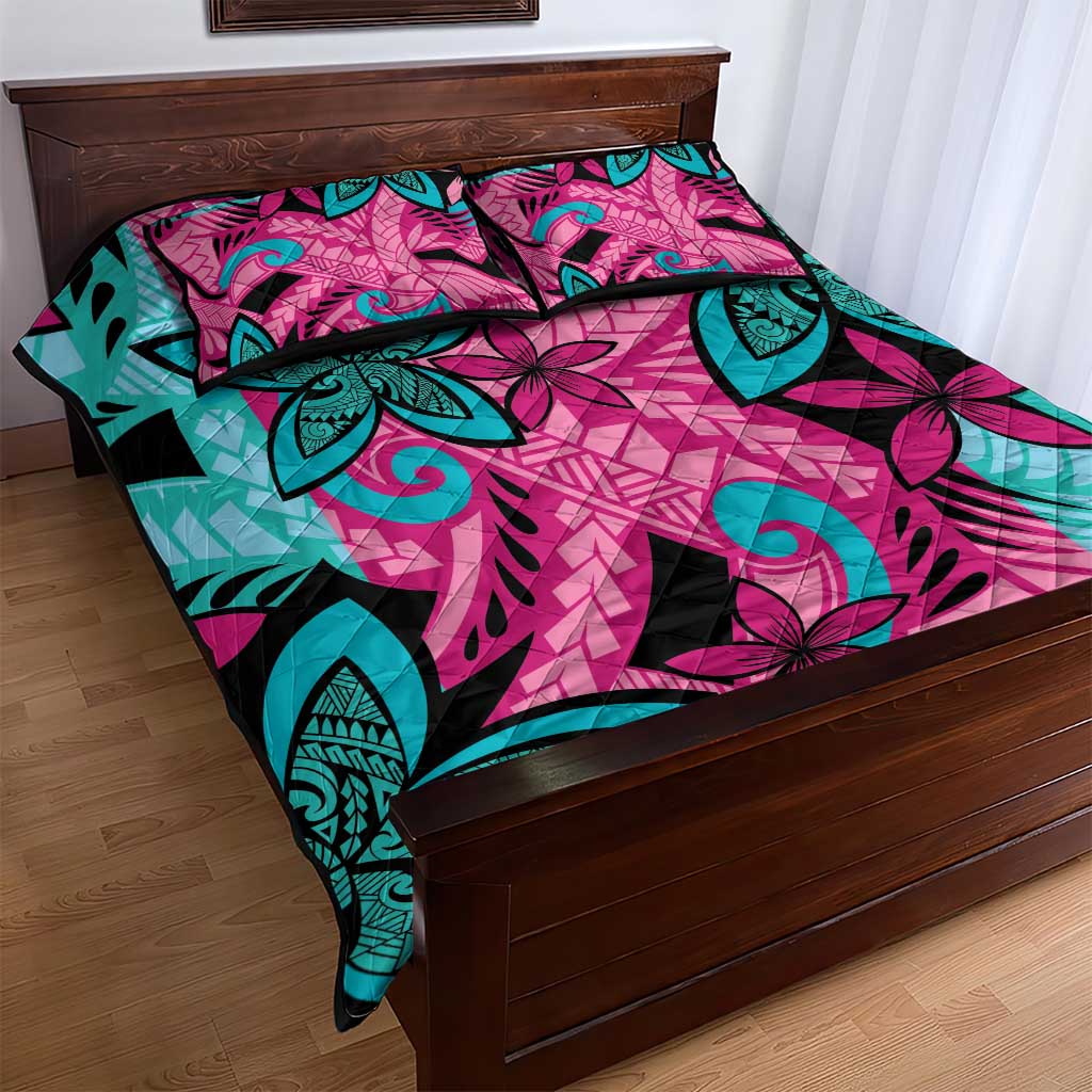 Plumeria Polynesian Pattern Quilt Bed Set Unique Fantasy Pink Teal