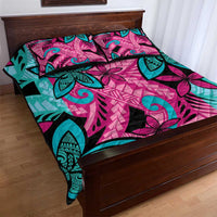 Plumeria Polynesian Pattern Quilt Bed Set Unique Fantasy Pink Teal