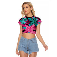 Plumeria Polynesian Pattern Raglan Cropped T Shirt Unique Fantasy Pink Teal