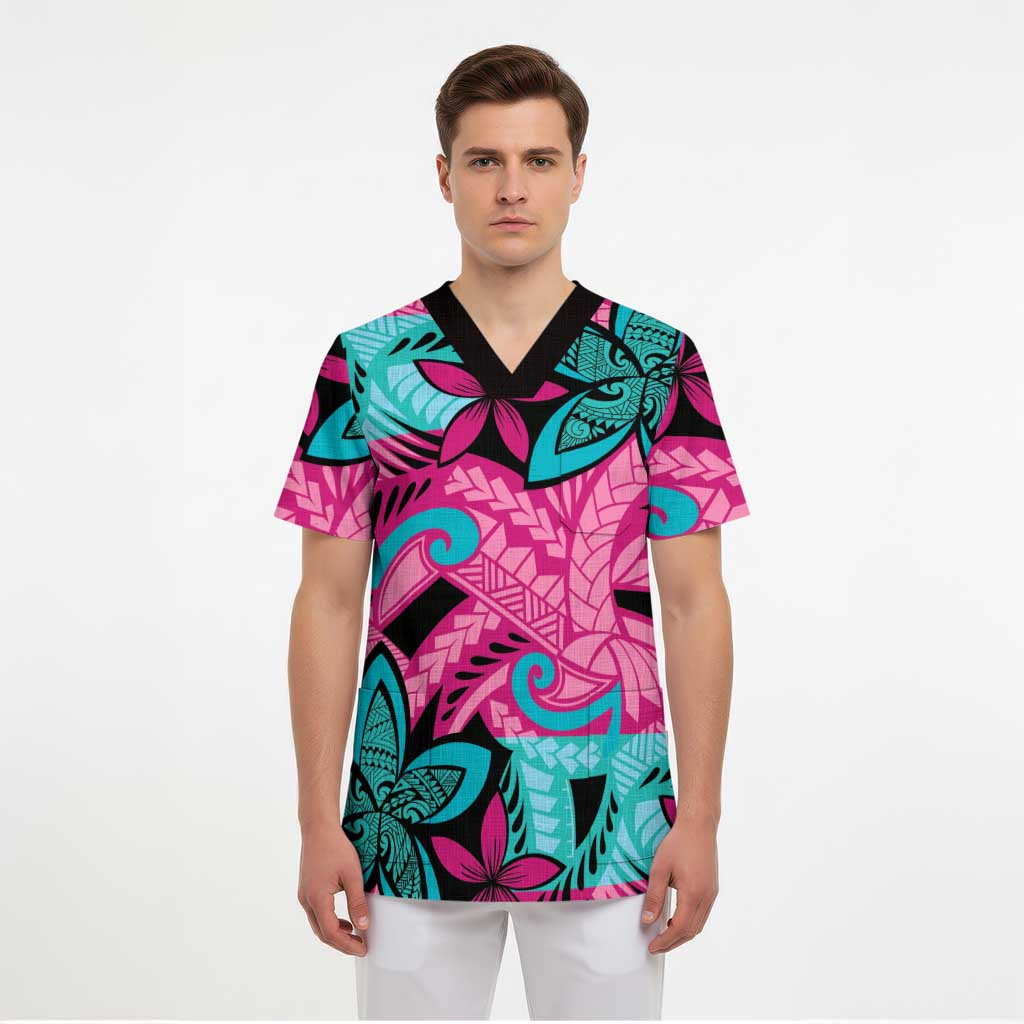 Plumeria Polynesian Pattern Scrub Top Unique Fantasy Pink Teal - Polynesian Pride