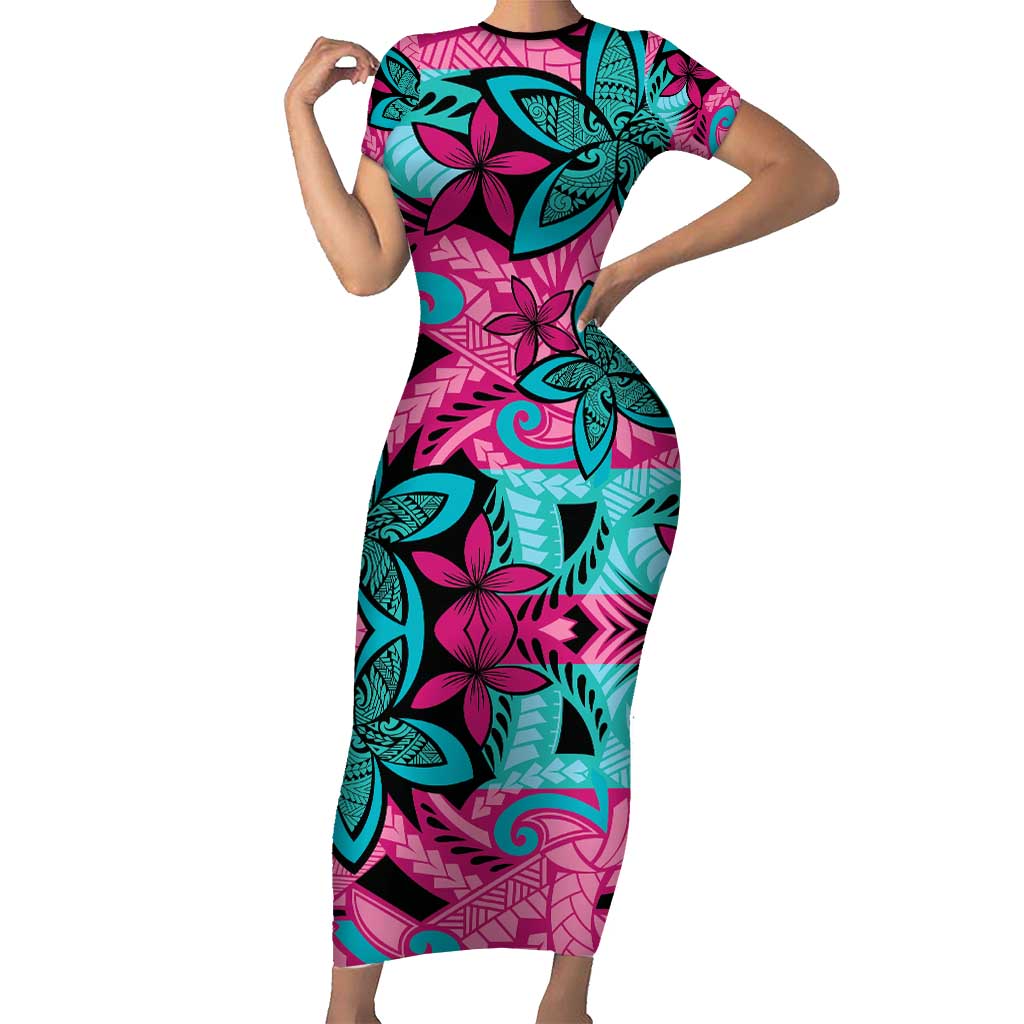 Plumeria Polynesian Pattern Short Sleeve Bodycon Dress Unique Fantasy Pink Teal