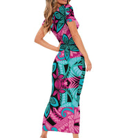 Plumeria Polynesian Pattern Short Sleeve Bodycon Dress Unique Fantasy Pink Teal