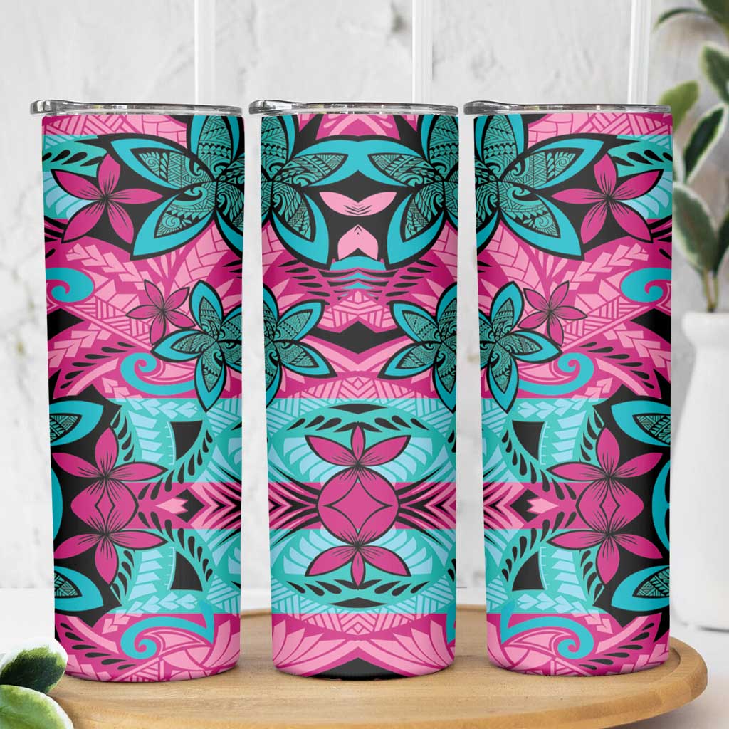 Plumeria Polynesian Pattern Skinny Tumbler Unique Fantasy Pink Teal LT01 - Polynesian Pride