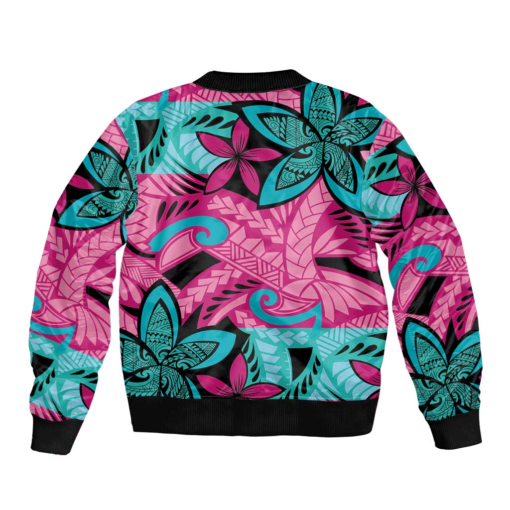 Plumeria Polynesian Pattern Sleeve Zip Bomber Jacket Unique Fantasy Pink Teal LT01 - Polynesian Pride