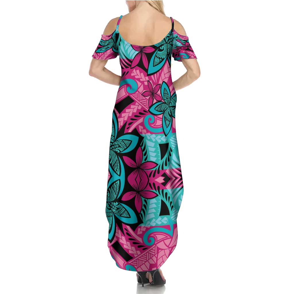 Plumeria Polynesian Pattern Summer Maxi Dress Unique Fantasy Pink Teal