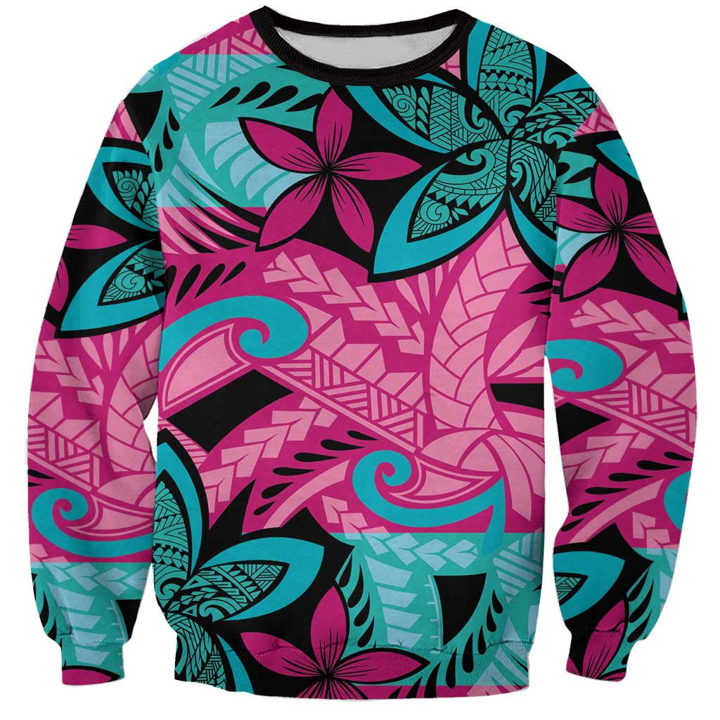Plumeria Polynesian Pattern Sweatshirt Unique Fantasy Pink Teal
