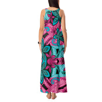 Plumeria Polynesian Pattern Tank Maxi Dress Unique Fantasy Pink Teal