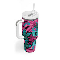Plumeria Polynesian Pattern Tumbler With Handle Unique Fantasy Pink Teal