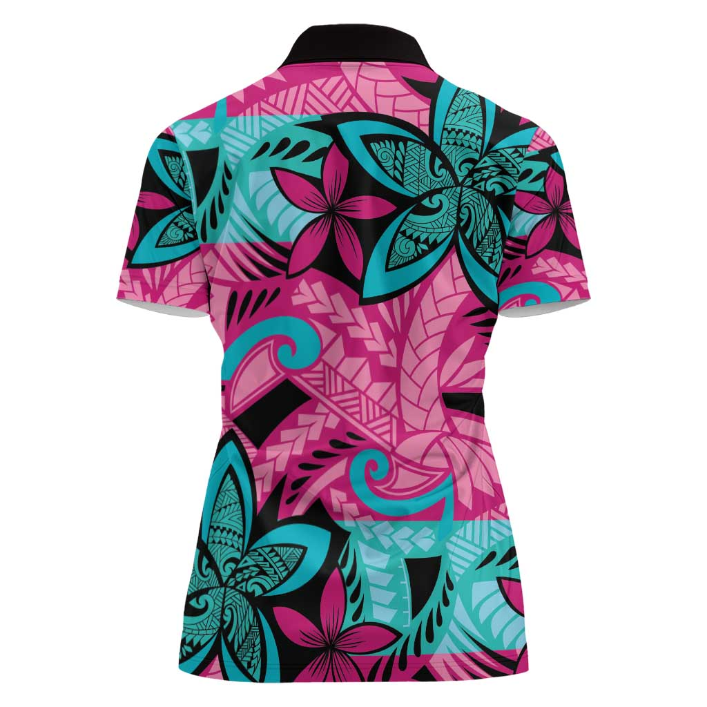 Plumeria Polynesian Pattern Women Polo Shirt Unique Fantasy Pink Teal