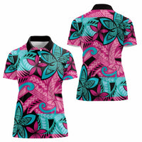 Plumeria Polynesian Pattern Women Polo Shirt Unique Fantasy Pink Teal
