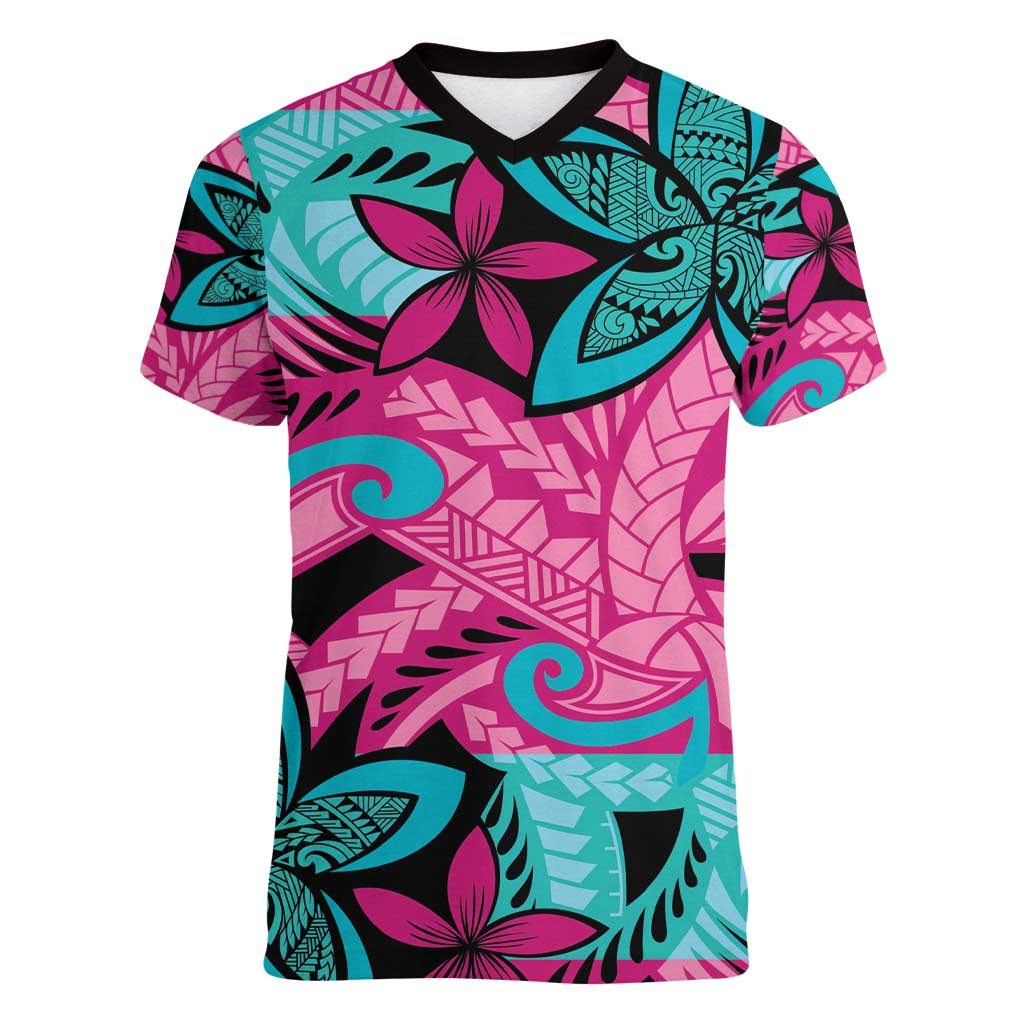 Plumeria Polynesian Pattern Women V-Neck T-Shirt Unique Fantasy Pink Teal LT01 Female Pink - Polynesian Pride