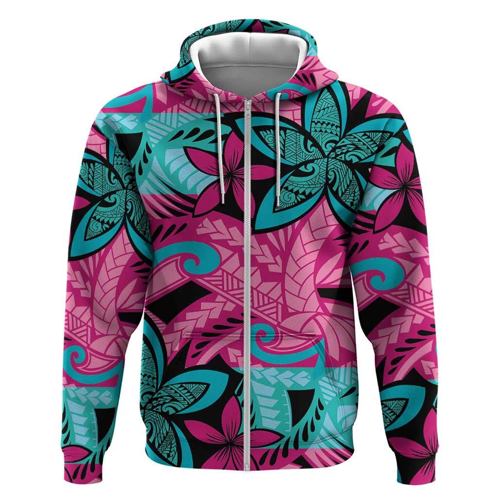 Plumeria Polynesian Pattern Zip Hoodie Unique Fantasy Pink Teal LT01 Zip Hoodie Pink - Polynesian Pride