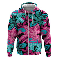 Plumeria Polynesian Pattern Zip Hoodie Unique Fantasy Pink Teal LT01 Zip Hoodie Pink - Polynesian Pride
