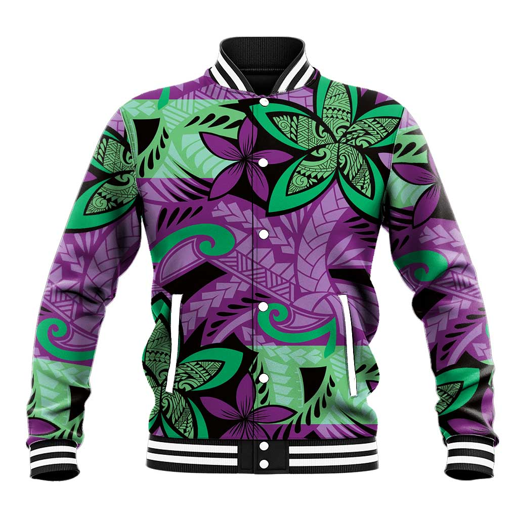 Plumeria Polynesian Pattern Baseball Jacket Unique Fantasy Purple Green