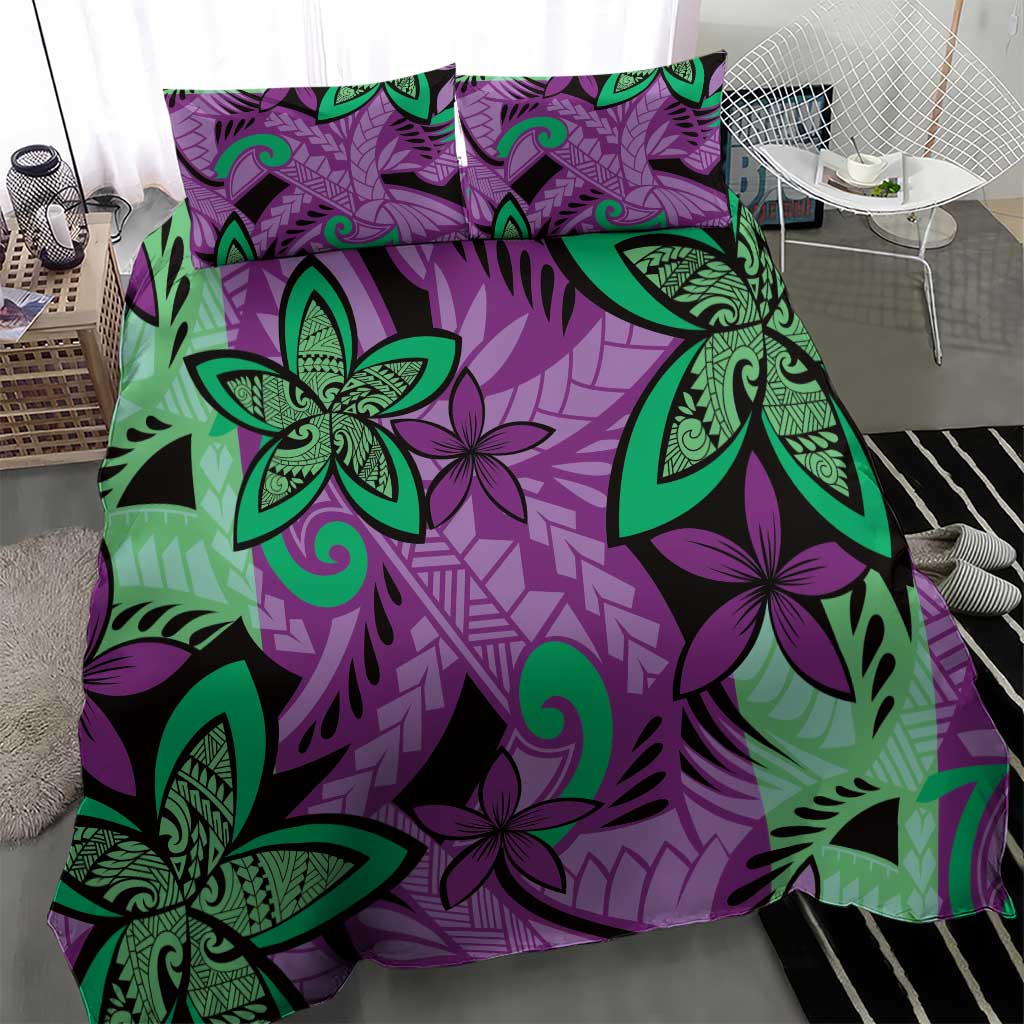Plumeria Polynesian Pattern Bedding Set Unique Fantasy Purple Green
