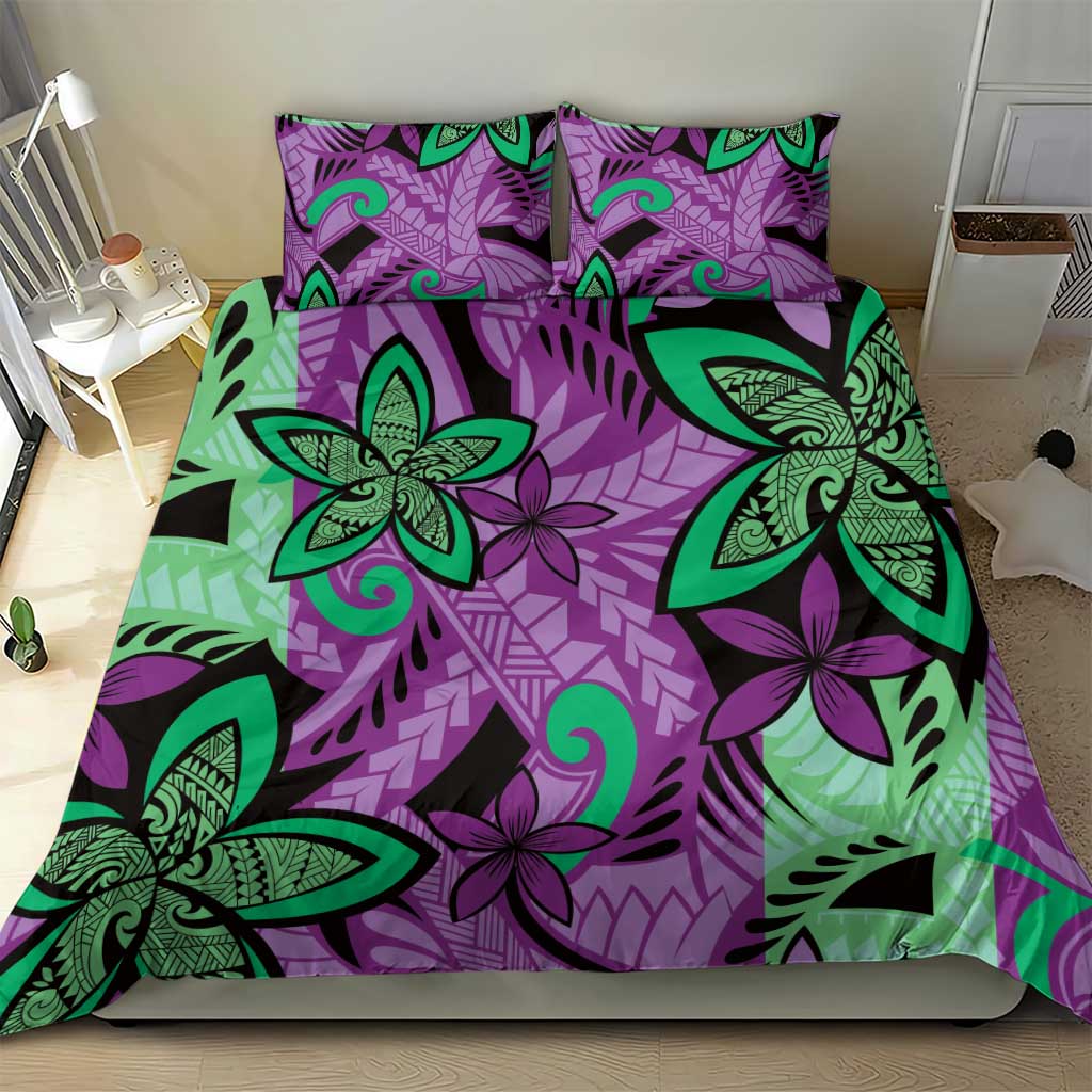 Plumeria Polynesian Pattern Bedding Set Unique Fantasy Purple Green
