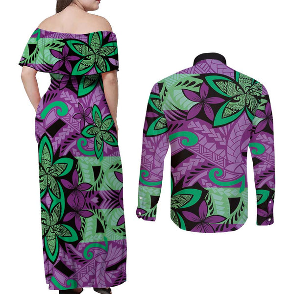 Polynesia Couples Matching Off The Shoulder Long Sleeve Dress and Long Sleeve Button Shirts Plumeria With Tribal Pattern Purple Pastel Vibes LT14 main image 1