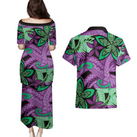 Plumeria Polynesian Pattern Couples Matching Puletasi and Hawaiian Shirt Unique Fantasy Purple Green