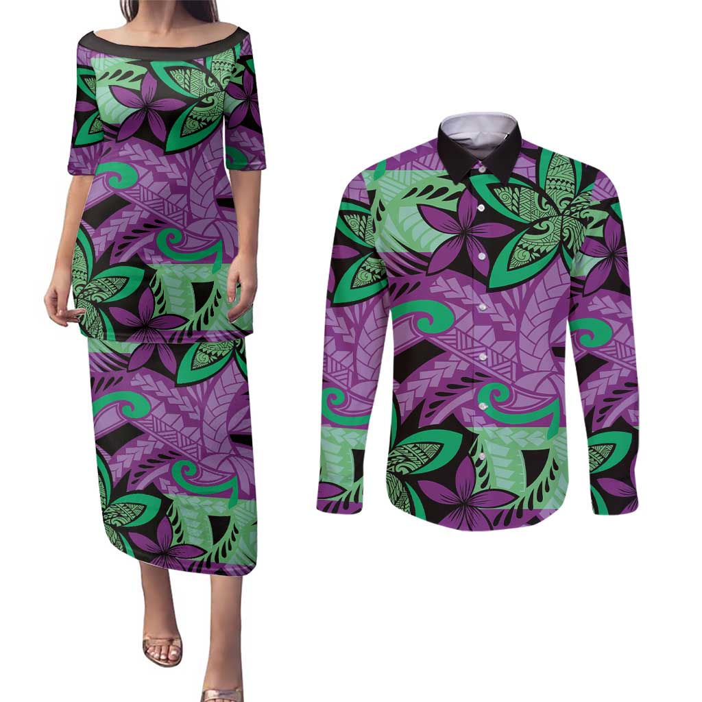 Plumeria Polynesian Pattern Couples Matching Puletasi and Long Sleeve Button Shirt Unique Fantasy Purple Green