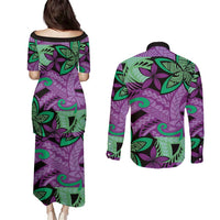 Plumeria Polynesian Pattern Couples Matching Puletasi and Long Sleeve Button Shirt Unique Fantasy Purple Green