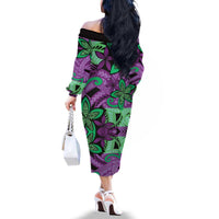 Plumeria Polynesian Pattern Family Matching Off The Shoulder Long Sleeve Dress and Hawaiian Shirt Unique Fantasy Purple Green