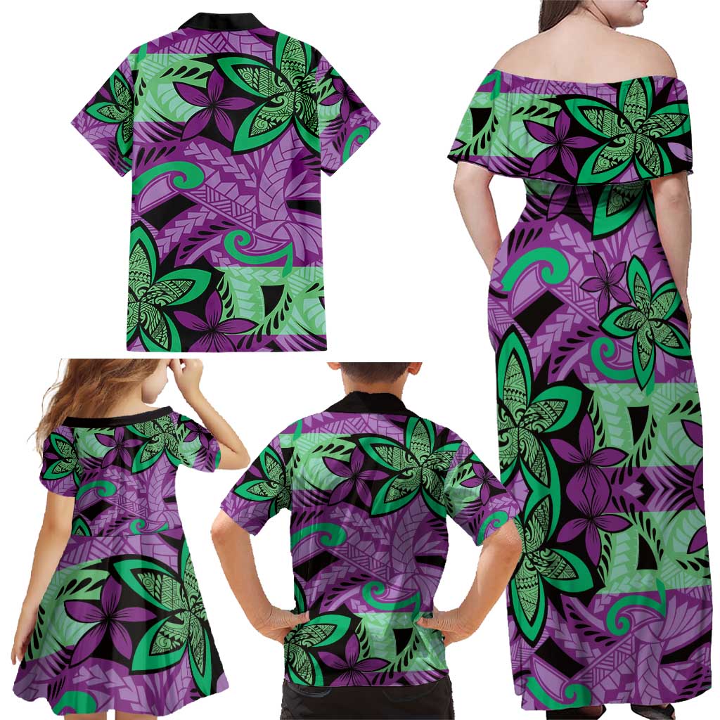 Plumeria Polynesian Pattern Family Matching Off Shoulder Maxi Dress and Hawaiian Shirt Unique Fantasy Purple Green