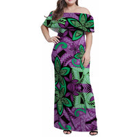 Plumeria Polynesian Pattern Family Matching Off Shoulder Maxi Dress and Hawaiian Shirt Unique Fantasy Purple Green