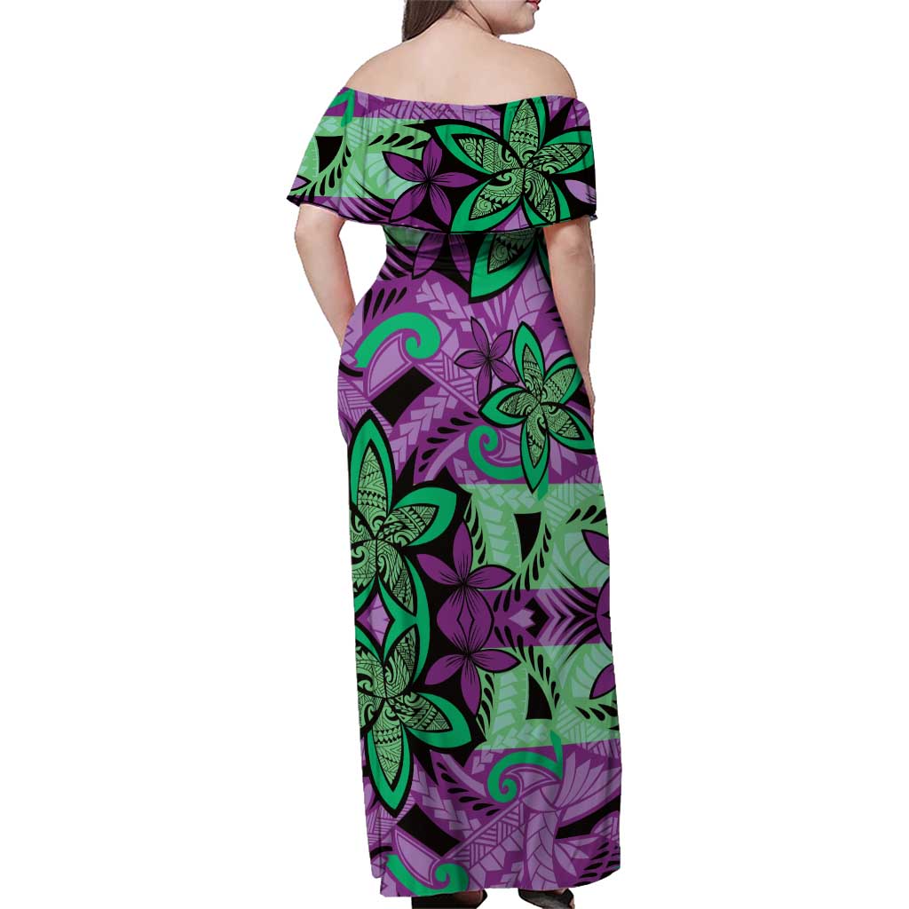Plumeria Polynesian Pattern Family Matching Off Shoulder Maxi Dress and Hawaiian Shirt Unique Fantasy Purple Green